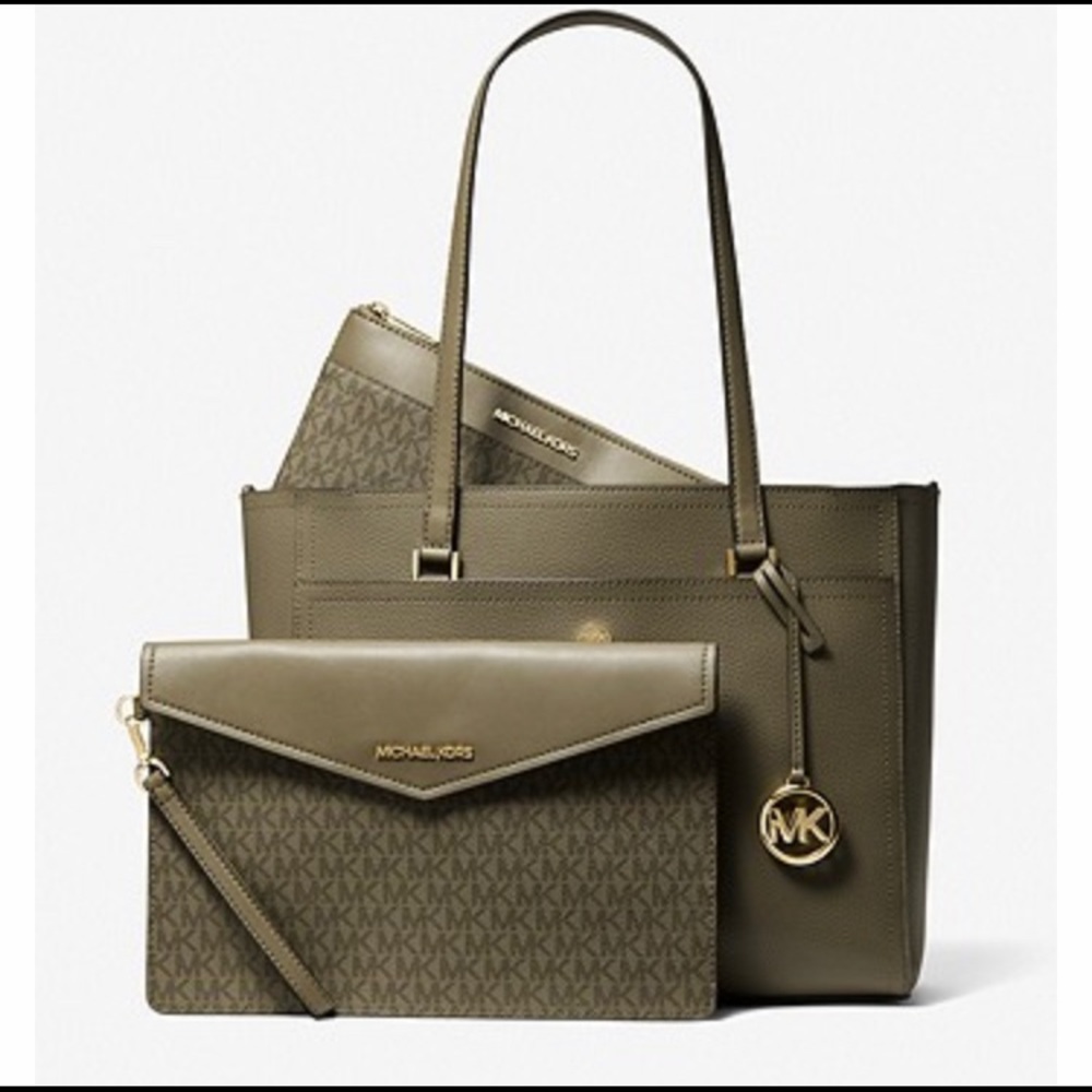Michael Kors NEW 3 pc “Maisie” large jet set leather tote/clutch/wristlet